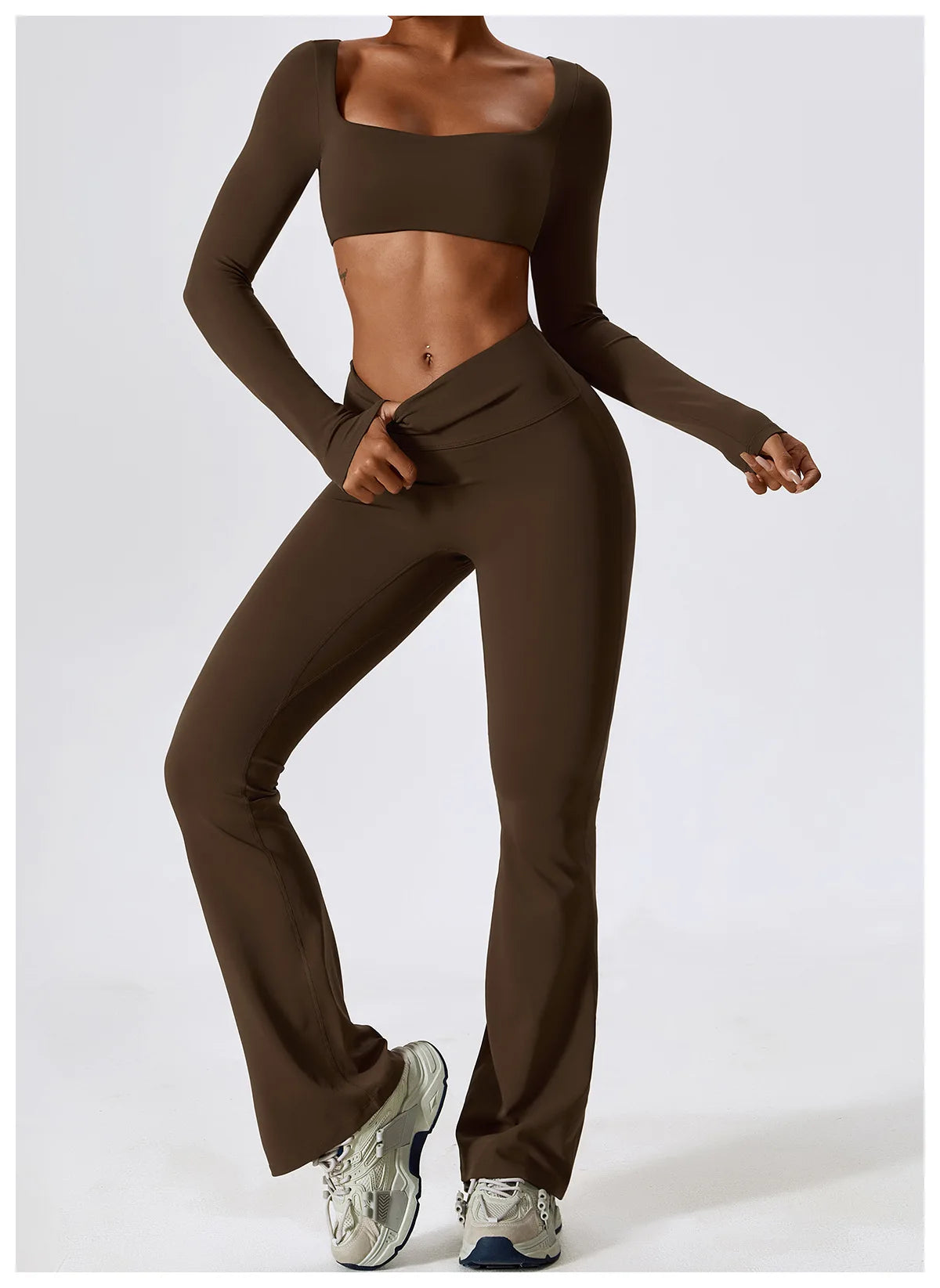 KiKis brown 2 piece workout set for women with long sleeve crop top and flared leggings