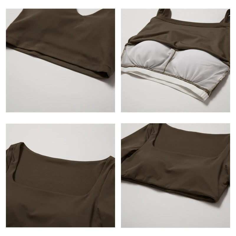 KiKis brown 2 piece workout set for women showing sports bra and matching top details