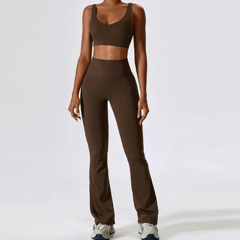 KiKis brown 2 piece workout set for women with a cropped tank top and high-waisted flared leggings