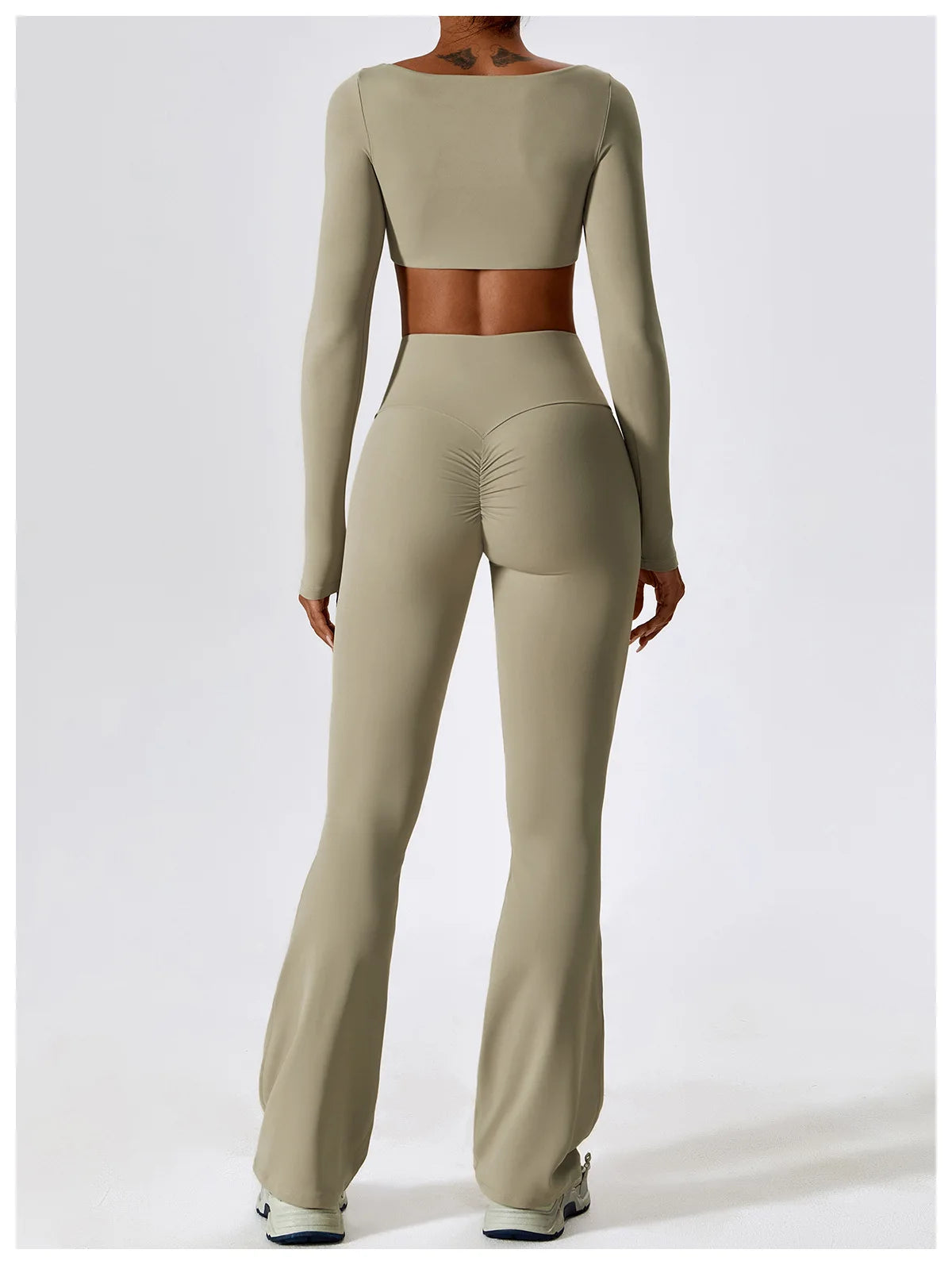 KiKis 2 piece workout set for women in beige long sleeve crop top and high-waisted leggings