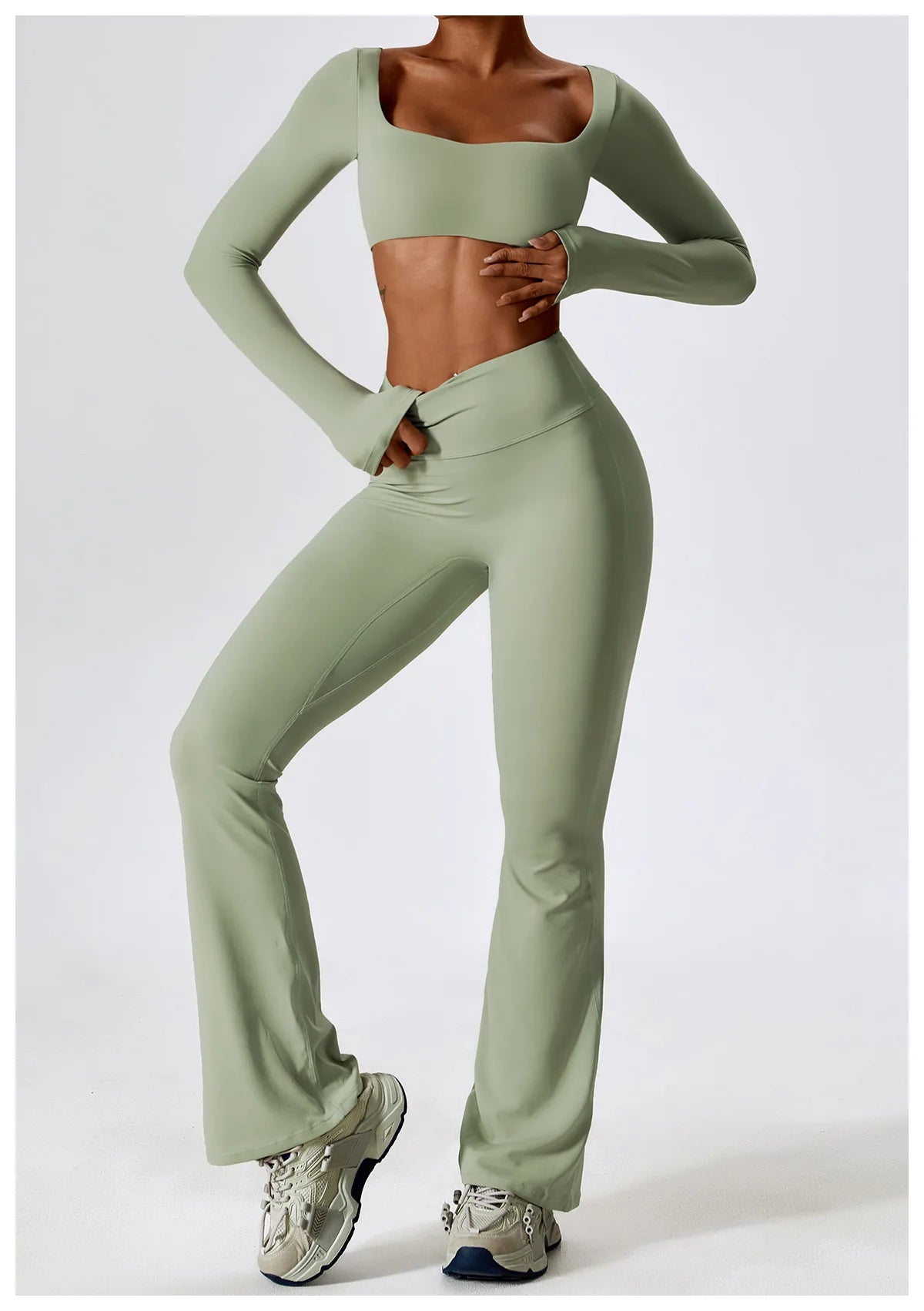 KiKis 2 piece workout set for women in light green with long sleeves and flared leggings