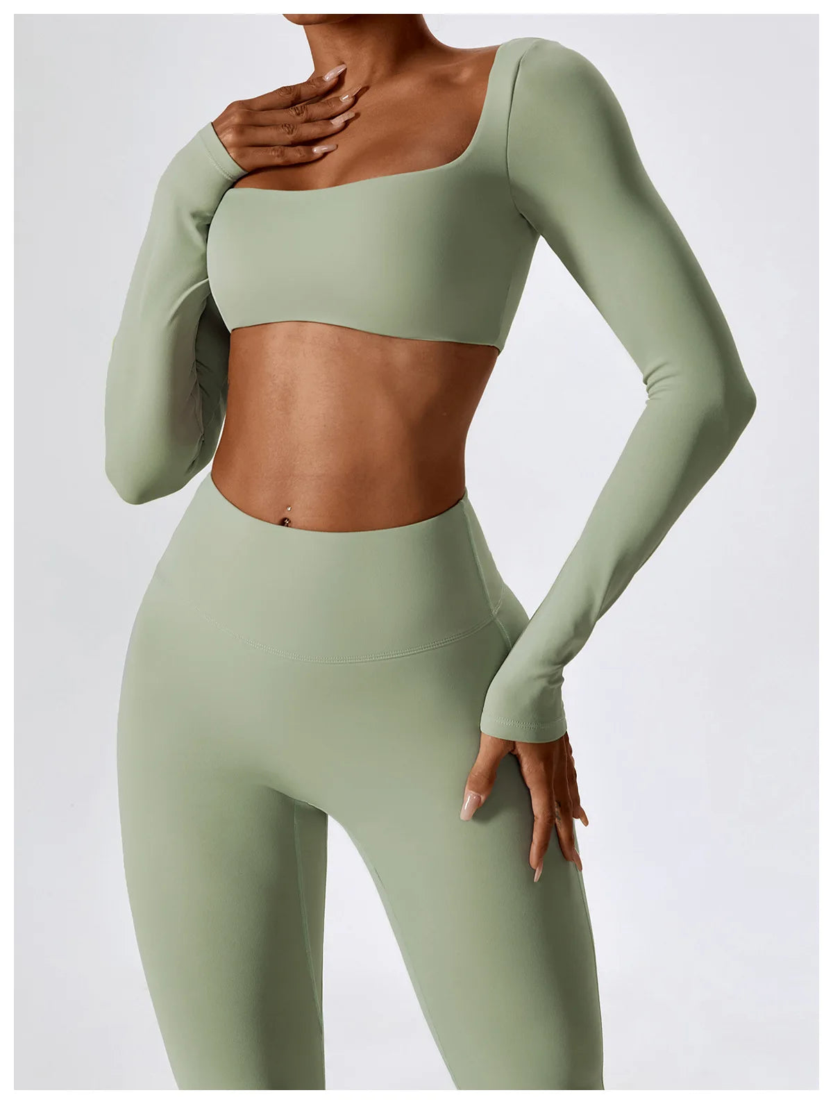 KiKis stylish green 2 piece workout set for women with long sleeve crop top and high waist leggings