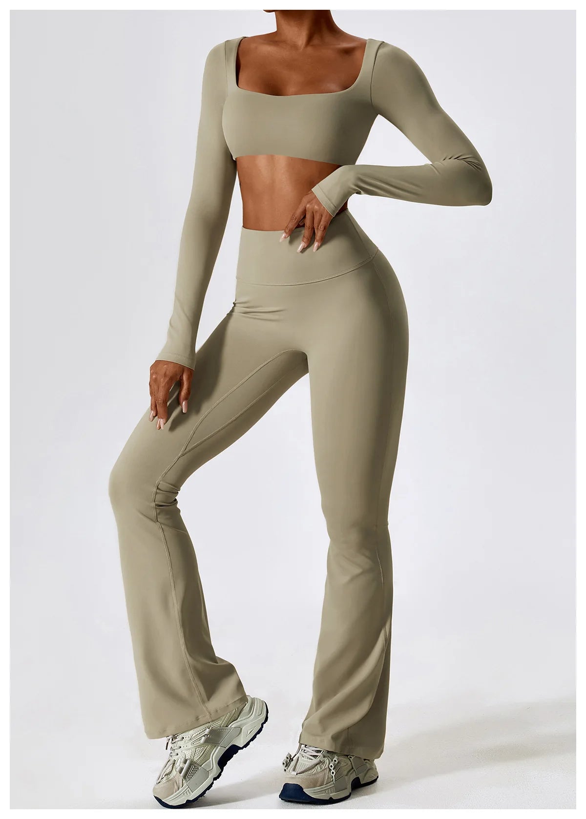 KiKis 2 piece workout set for women in light olive green with long sleeves and flare pants