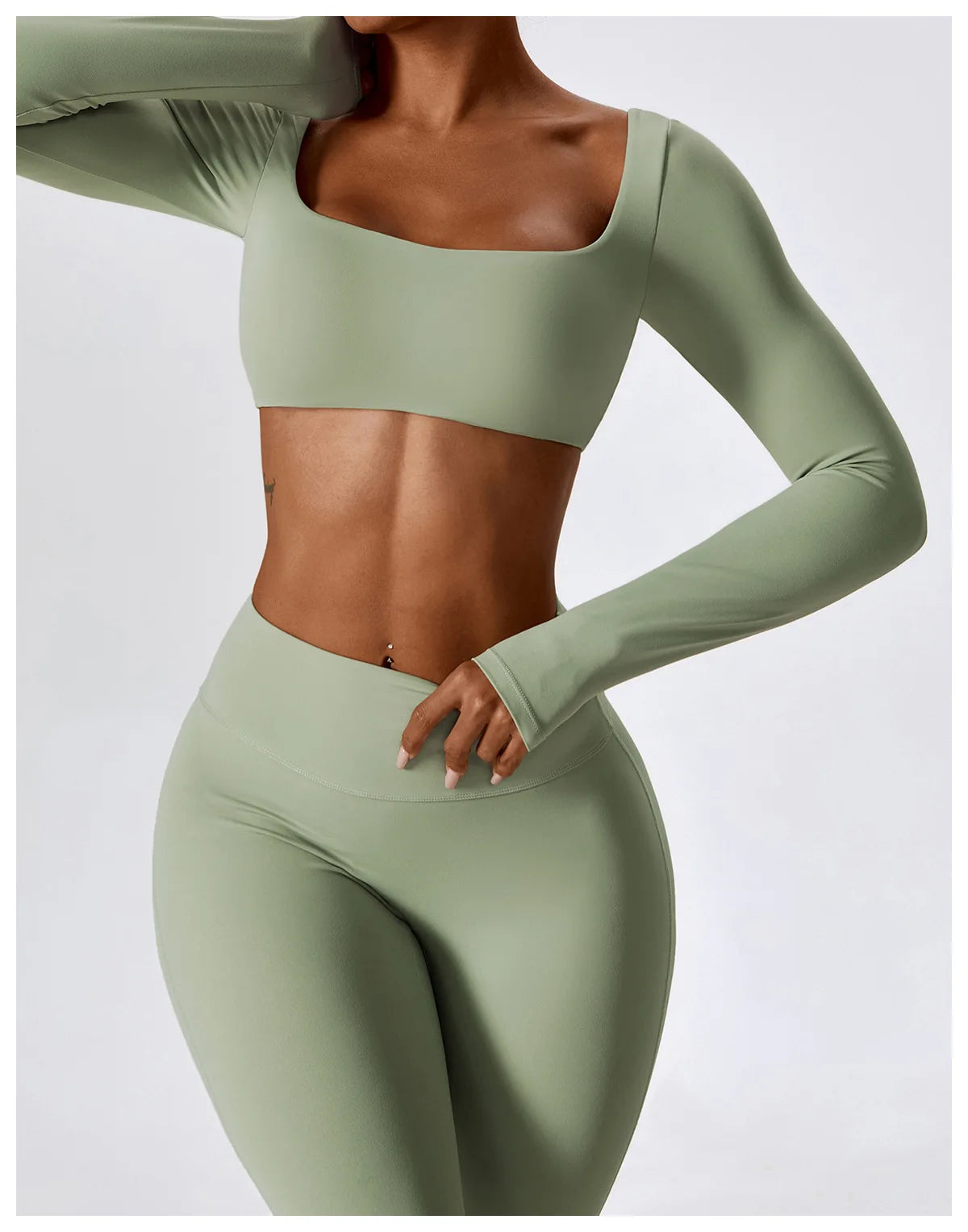 KiKis 2 piece workout set for women in light green with long sleeves and high-waisted leggings