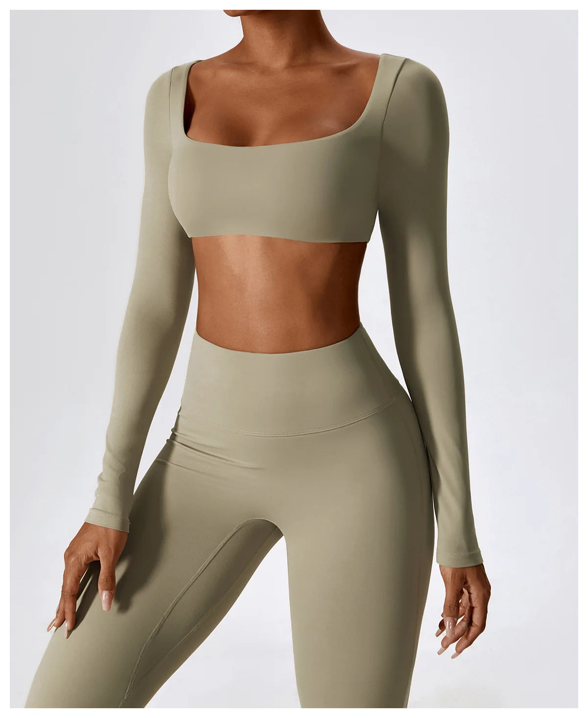 KiKis olive green 2 piece workout set for women with long sleeve crop top and high waist leggings