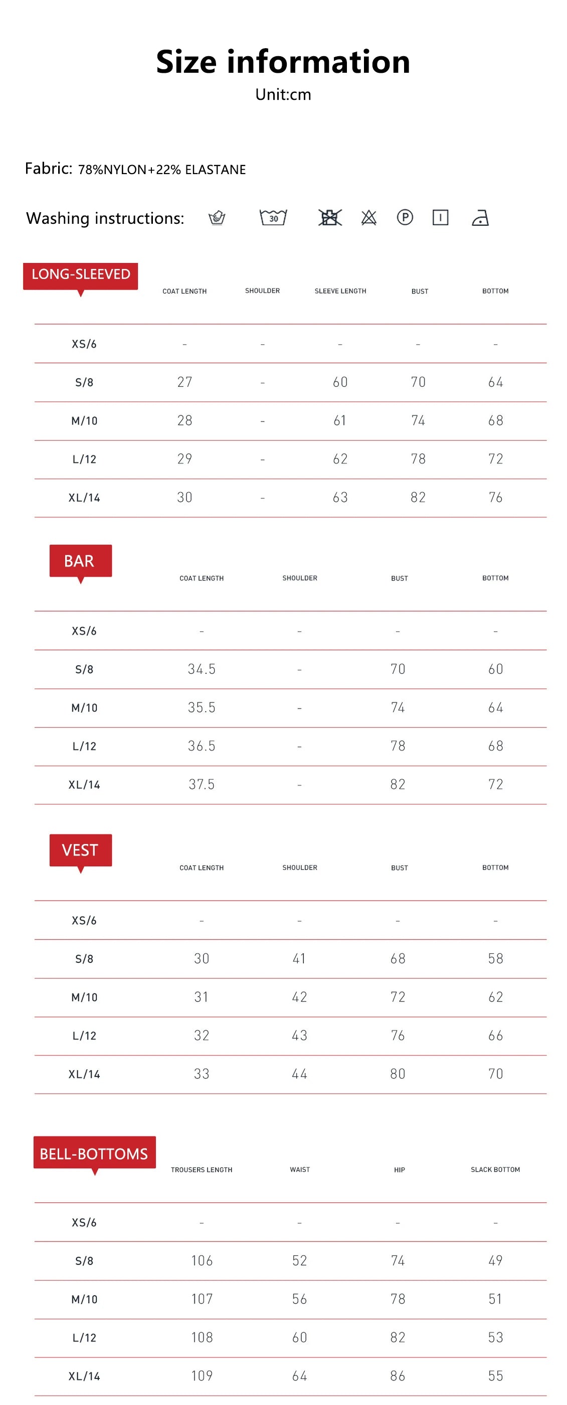 KiKis size chart for long-sleeved tops, bars, vests, and bell-bottom pants in the 2 piece workout set for women
