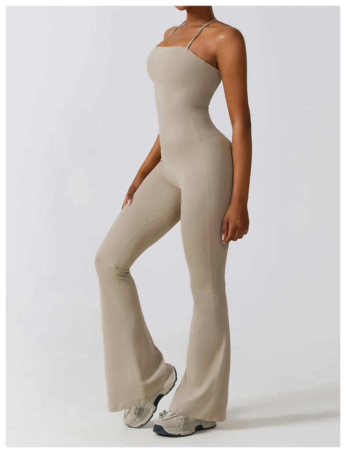 KiKis one piece yoga suit for women in beige with slim fit and flared legs