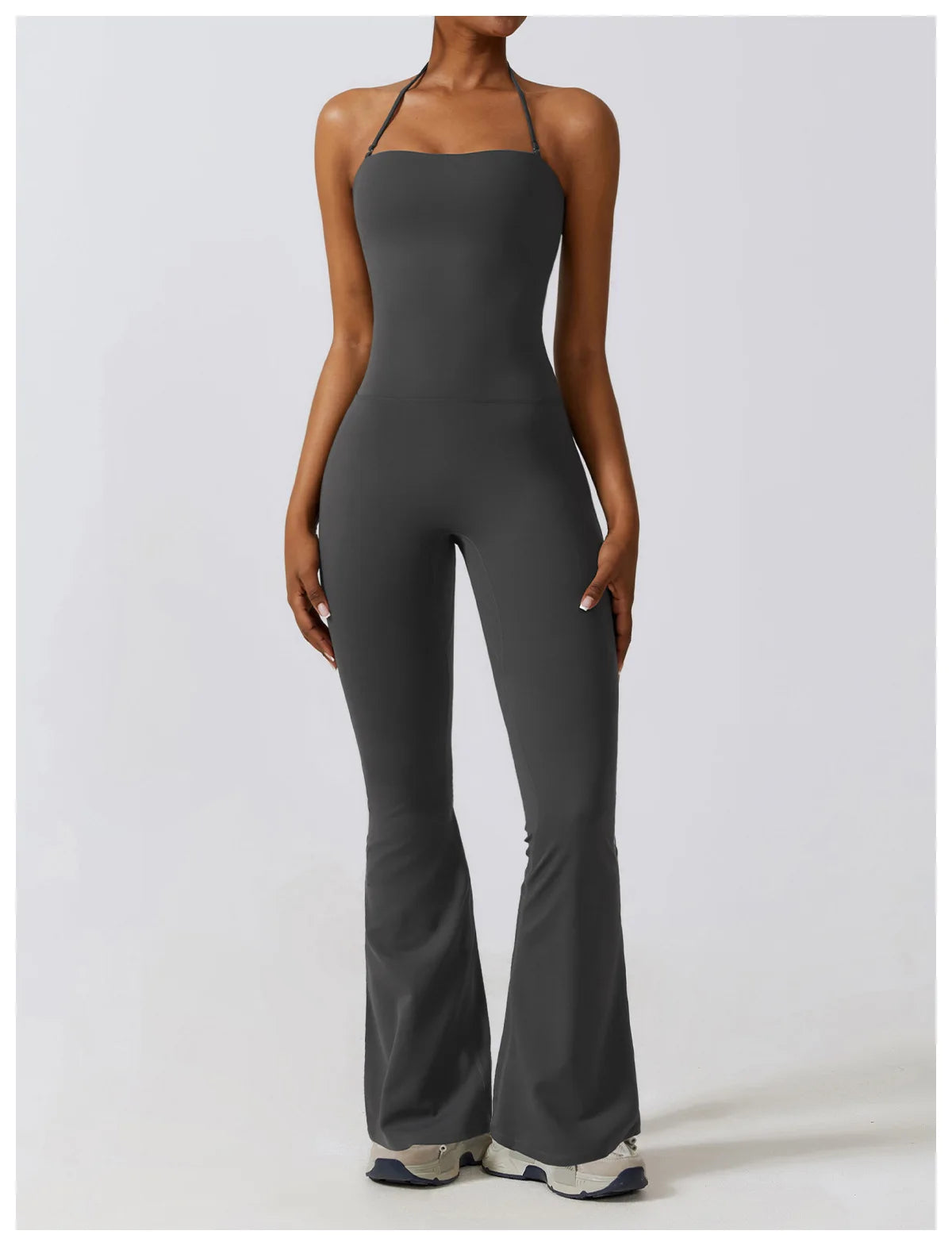 KiKis one piece yoga suit for women in dark gray with halter neck and flared legs