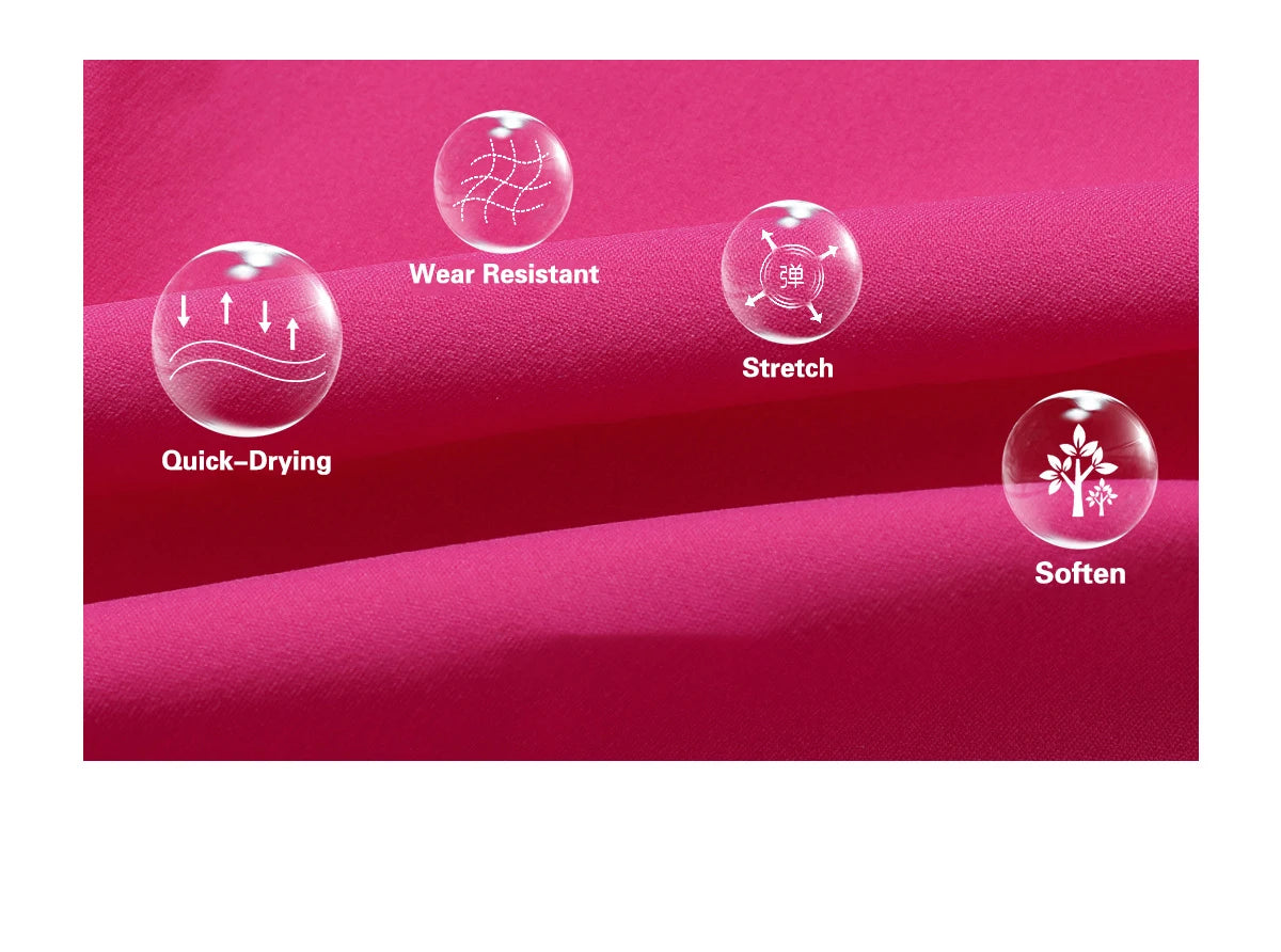 Close-up of pink fabric highlighting quick-drying wear resistant stretch and soften features for one piece yoga suit for women