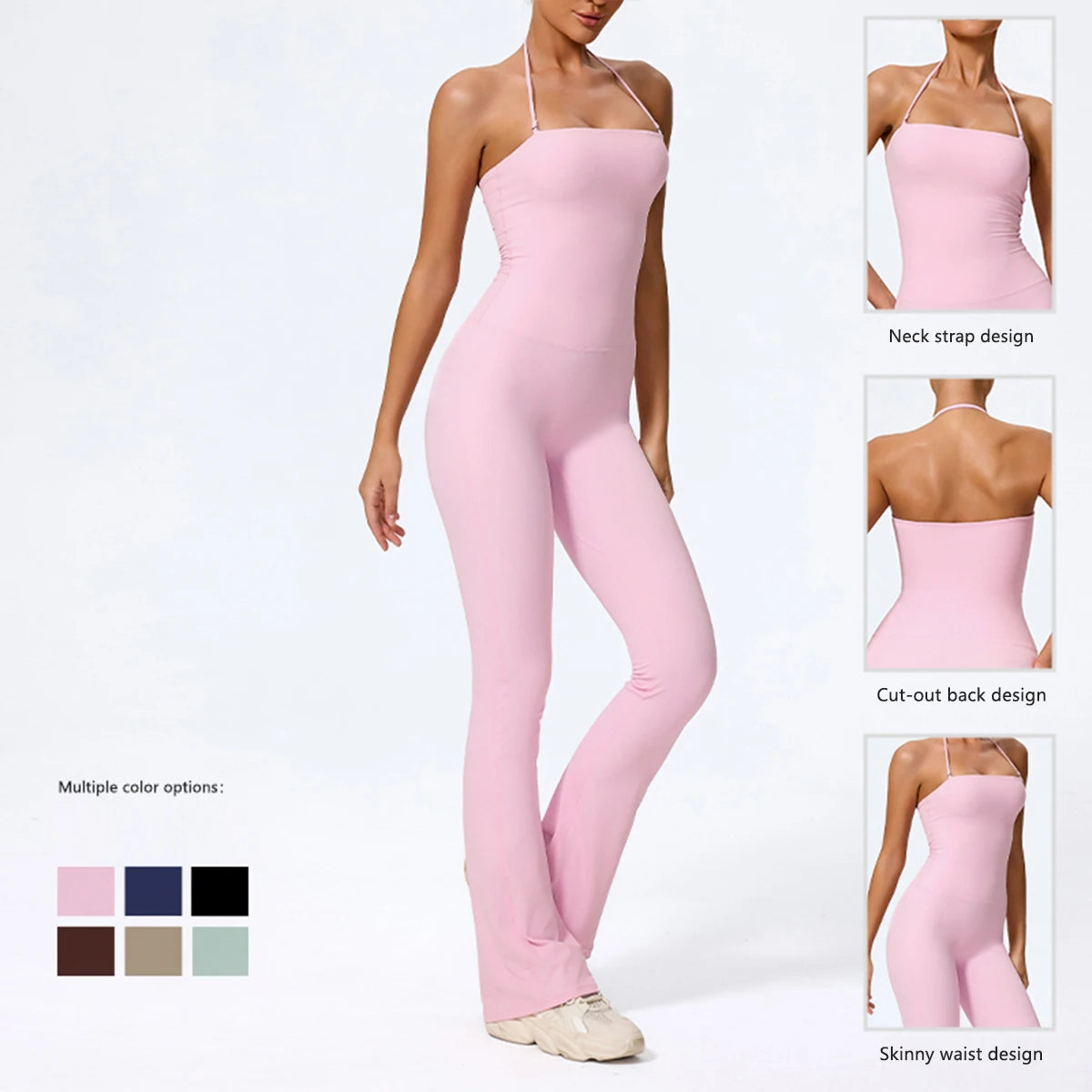 KiKis one piece yoga suit for women in light pink with neck strap and cut-out back design