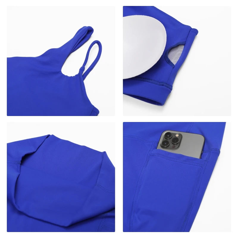 KiKis blue one shoulder sports bra and leggings set showing details of straps, removable pads, fabric, and phone pocket