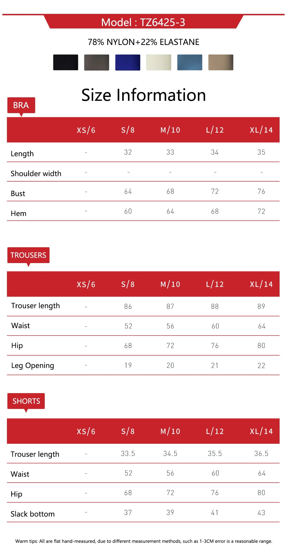 Size chart and color options for KiKis one shoulder sports bra and leggings set in various sizes from XS to XL