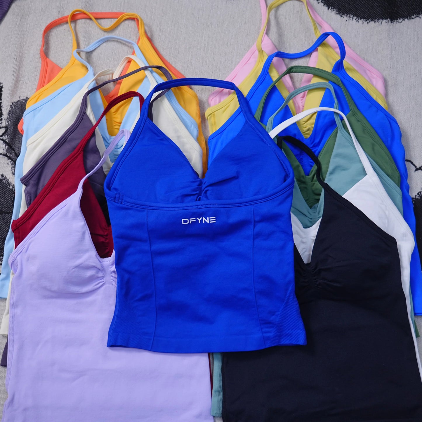 KiKis seamless yoga sports bra in vibrant blue with adjustable straps and soft fabric for comfort