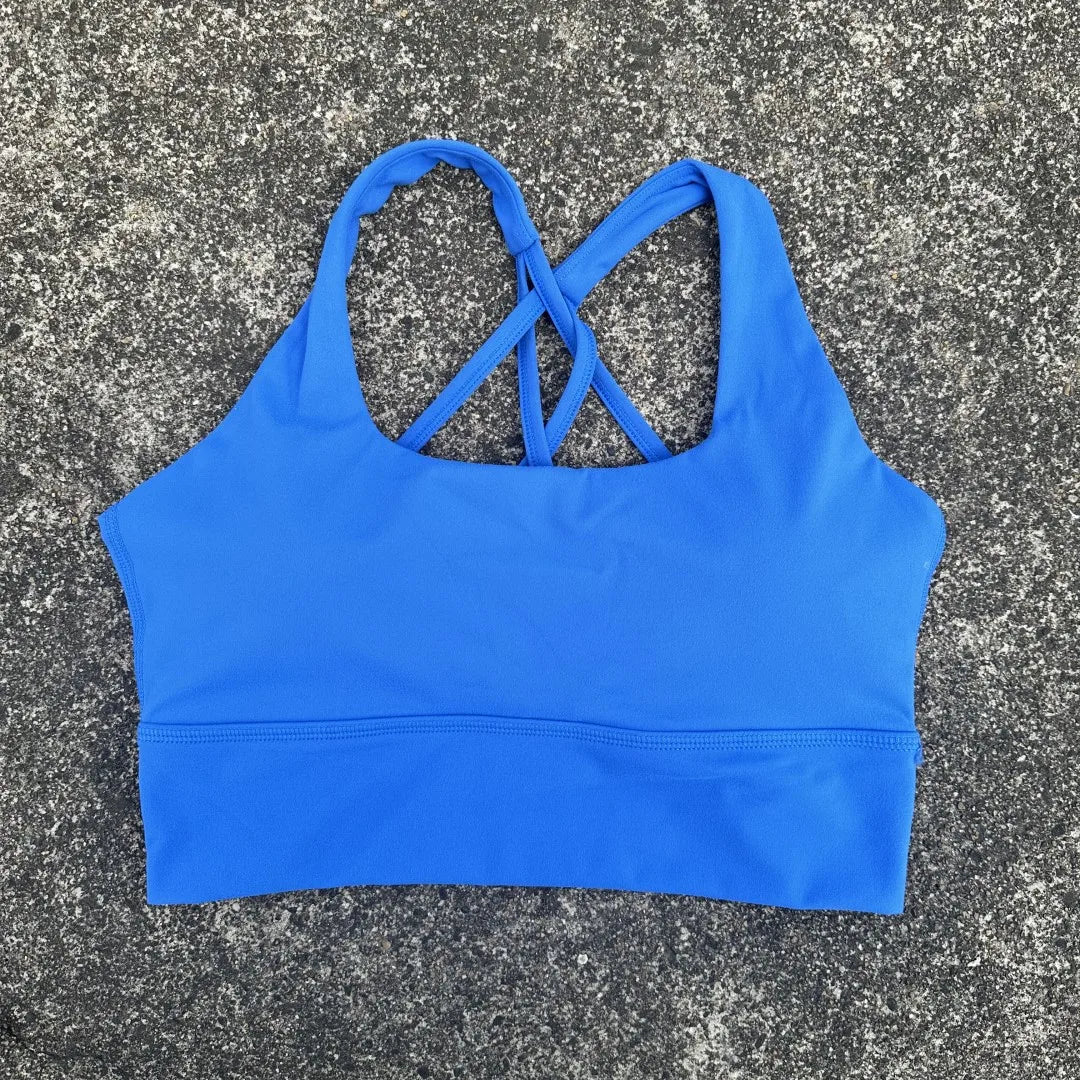 Blue KiKis cross back sports bra for women with supportive straps and comfortable fit