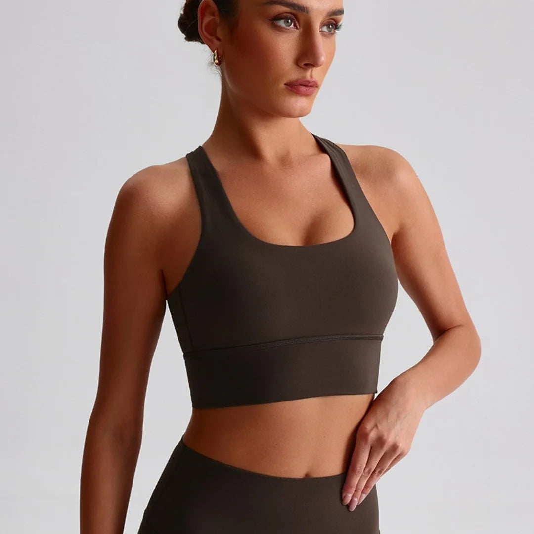 KiKis brown cross back sports bra for women with wide straps and supportive fit
