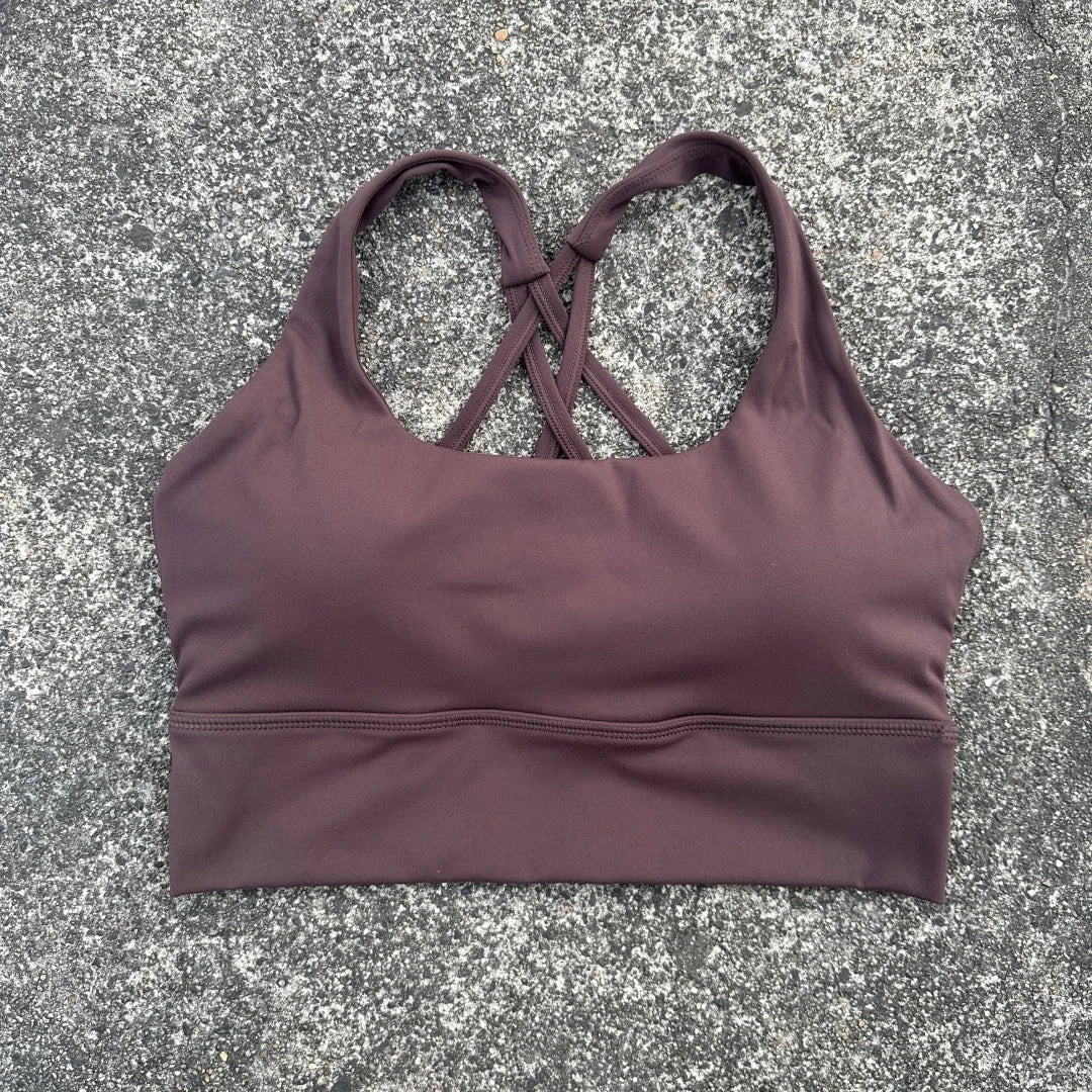 KiKis brown cross back sports bra for women with smooth fabric and comfortable fit