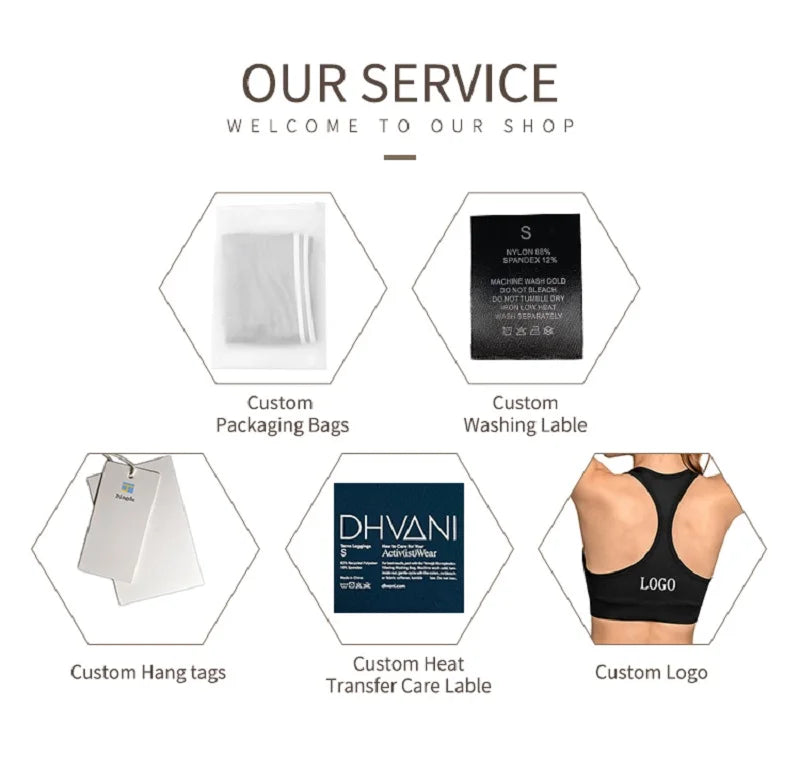 Custom packaging and labeling options for cross back sports bra for women by KiKis including bags, washing labels, hang tags, heat transfer labels, and logos