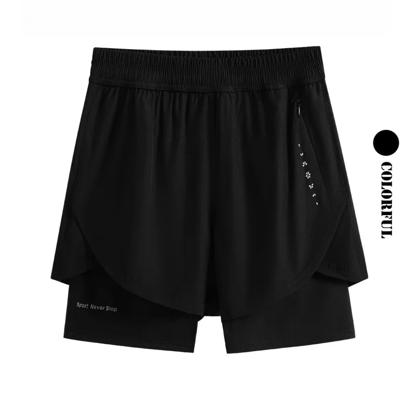 KiKis black high waist running shorts for women with zipper pocket and layered design