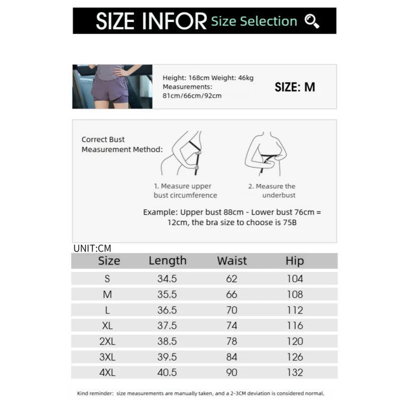 KiKis size chart for high waist running shorts for women showing length waist and hip measurements