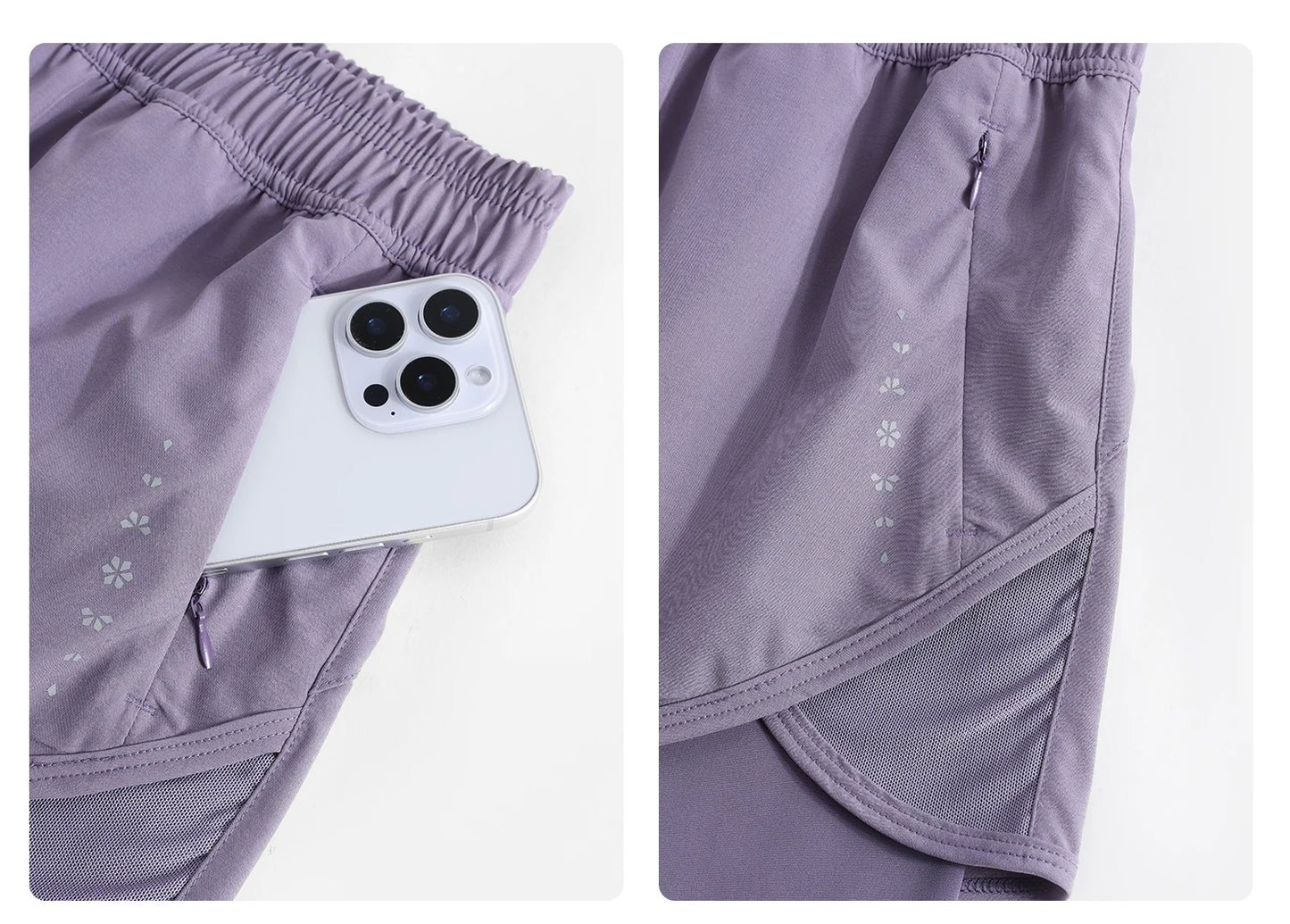 KiKis high waist running shorts for women in lavender with zippered pocket and elastic waistband