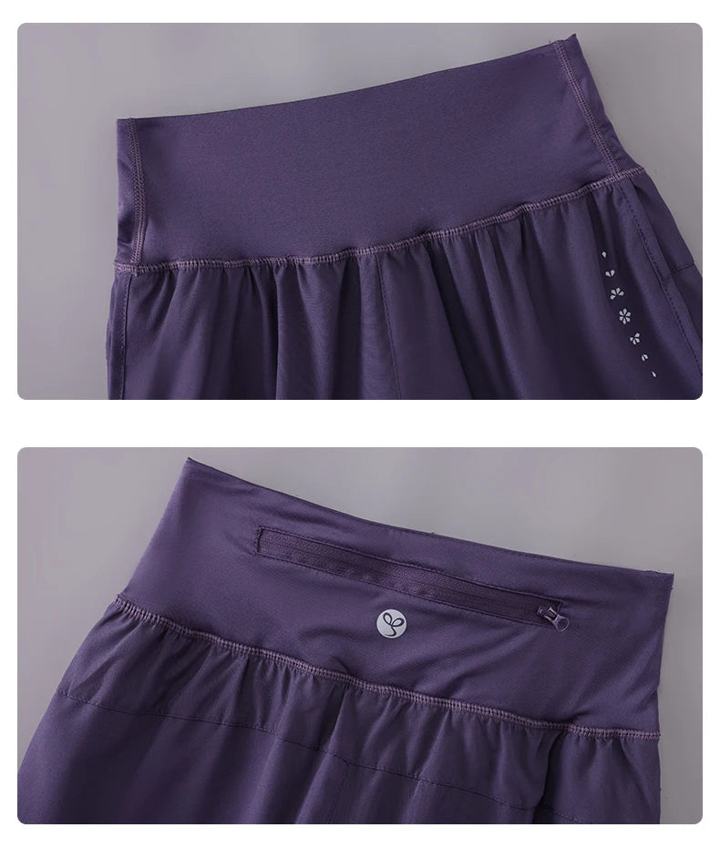 KiKis Womens Running Shorts in dark purple with high waistband and back zipper pocket for secure storage