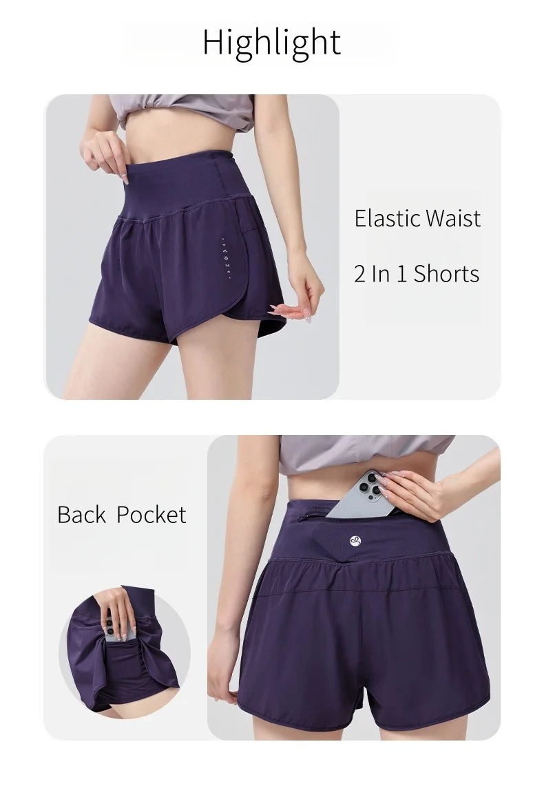 KiKis Womens Running Shorts in dark purple with elastic waist and back pocket for phone storage
