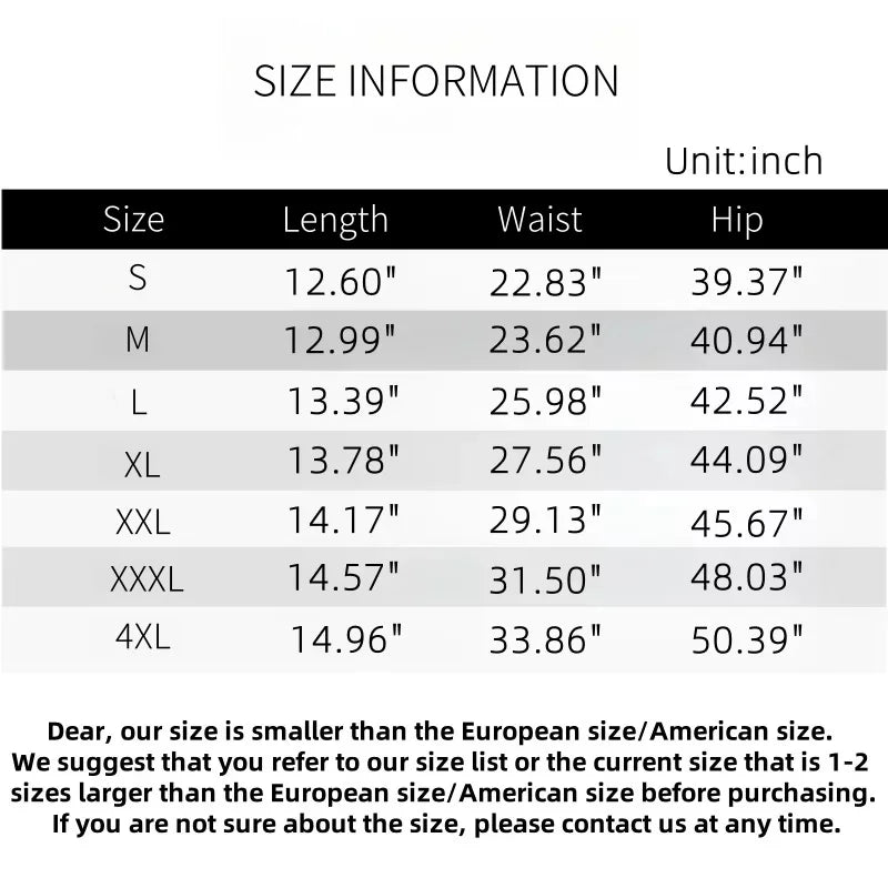 Size chart for Womens Running Shorts by KiKis showing length waist and hip measurements in inches for sizes S to 4XL