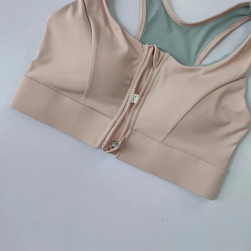 KiKis beige high impact front zipper sports bra with mesh racerback for support