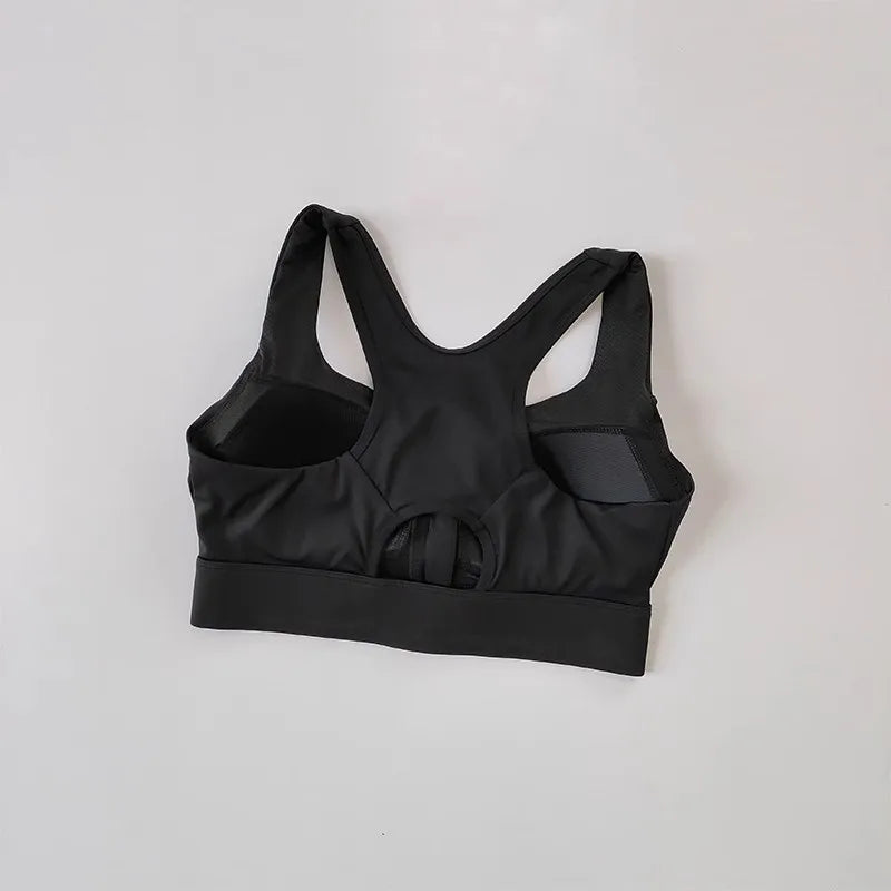 Black high impact front zipper sports bra with racerback design for maximum support