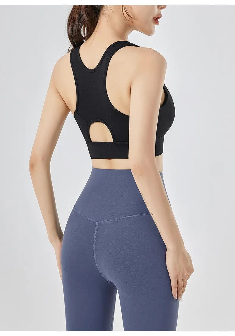KiKis high impact front zipper sports bra in black shown from back with racerback design