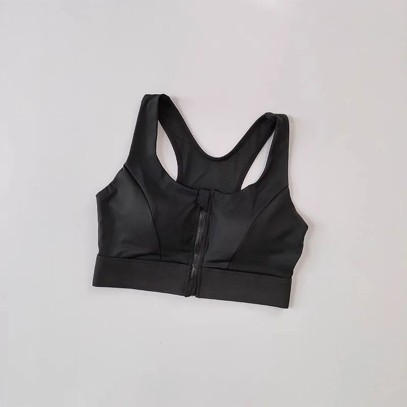 KiKis black high impact front zipper sports bra with racerback design for support