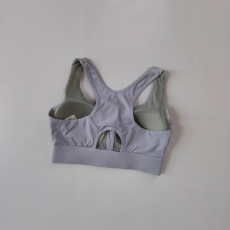 KiKis high impact front zipper sports bra in gray with racerback design and breathable mesh lining