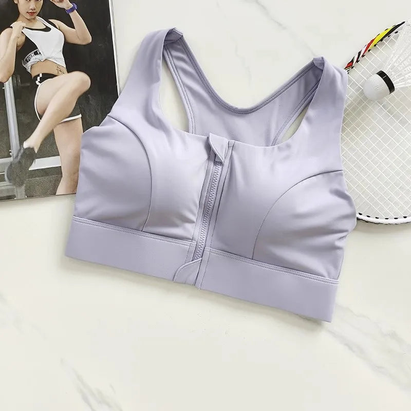 KiKis high impact front zipper sports bra in light purple with supportive design for workout