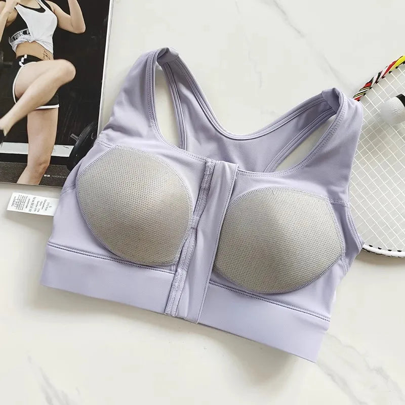 KiKis high impact front zipper sports bra in light purple with padded cups and racerback design