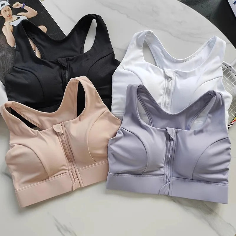 KiKis high impact front zipper sports bra in black white beige and gray colors for support