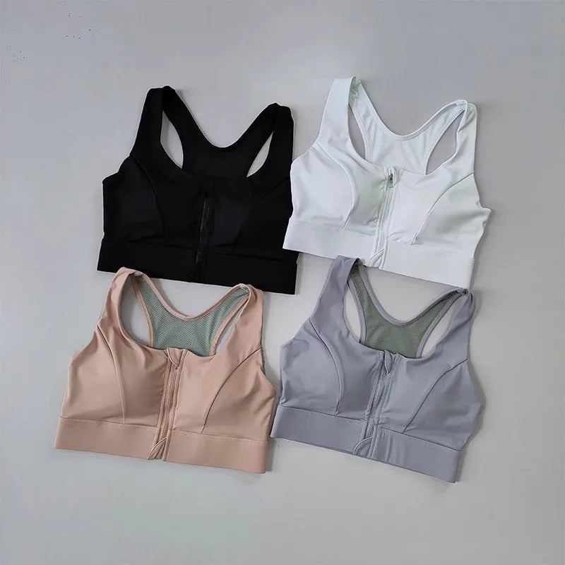 KiKis high impact front zipper sports bra in black white beige and gray for intense workouts