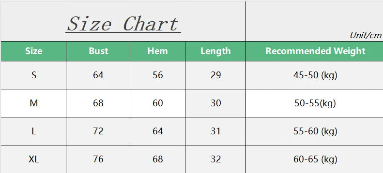 Size chart for KiKis high impact front zipper sports bra showing measurements for bust hem length and recommended weight