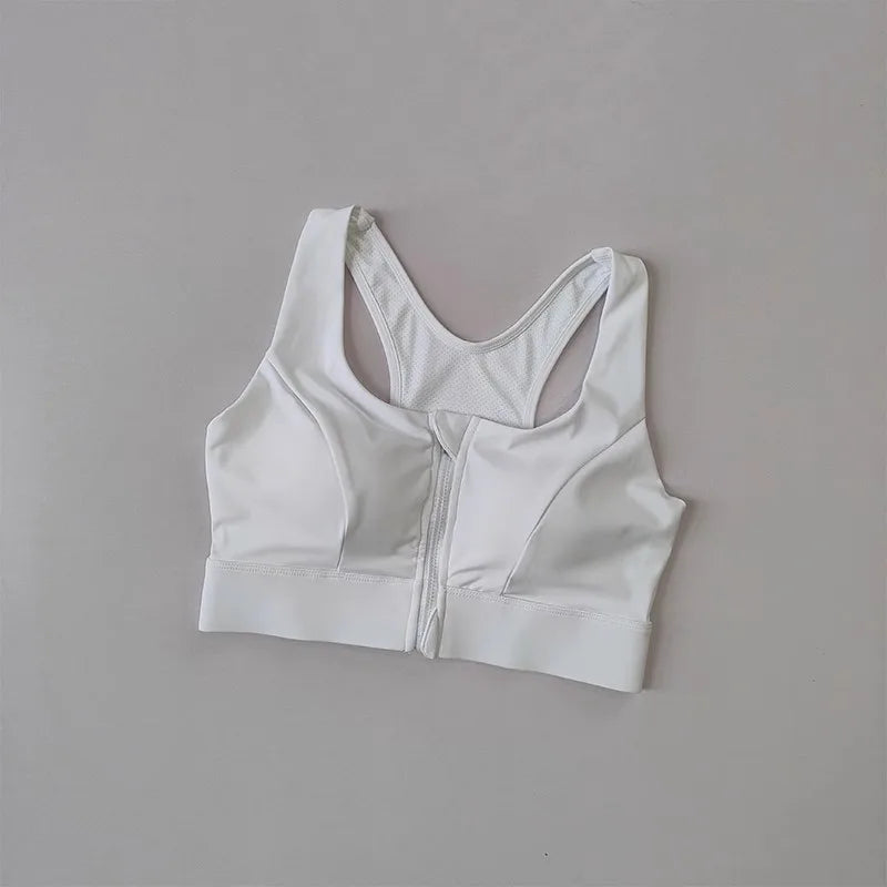 White high impact front zipper sports bra with racerback design for maximum support