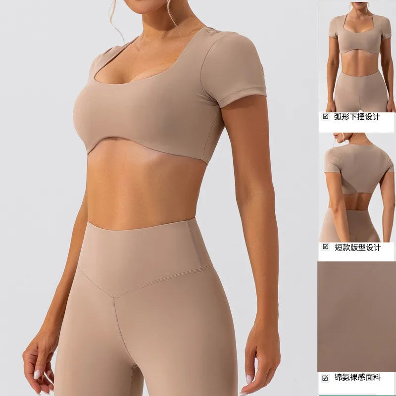 KiKis women's short sleeve sports crop top in beige with a fitted design and square neckline