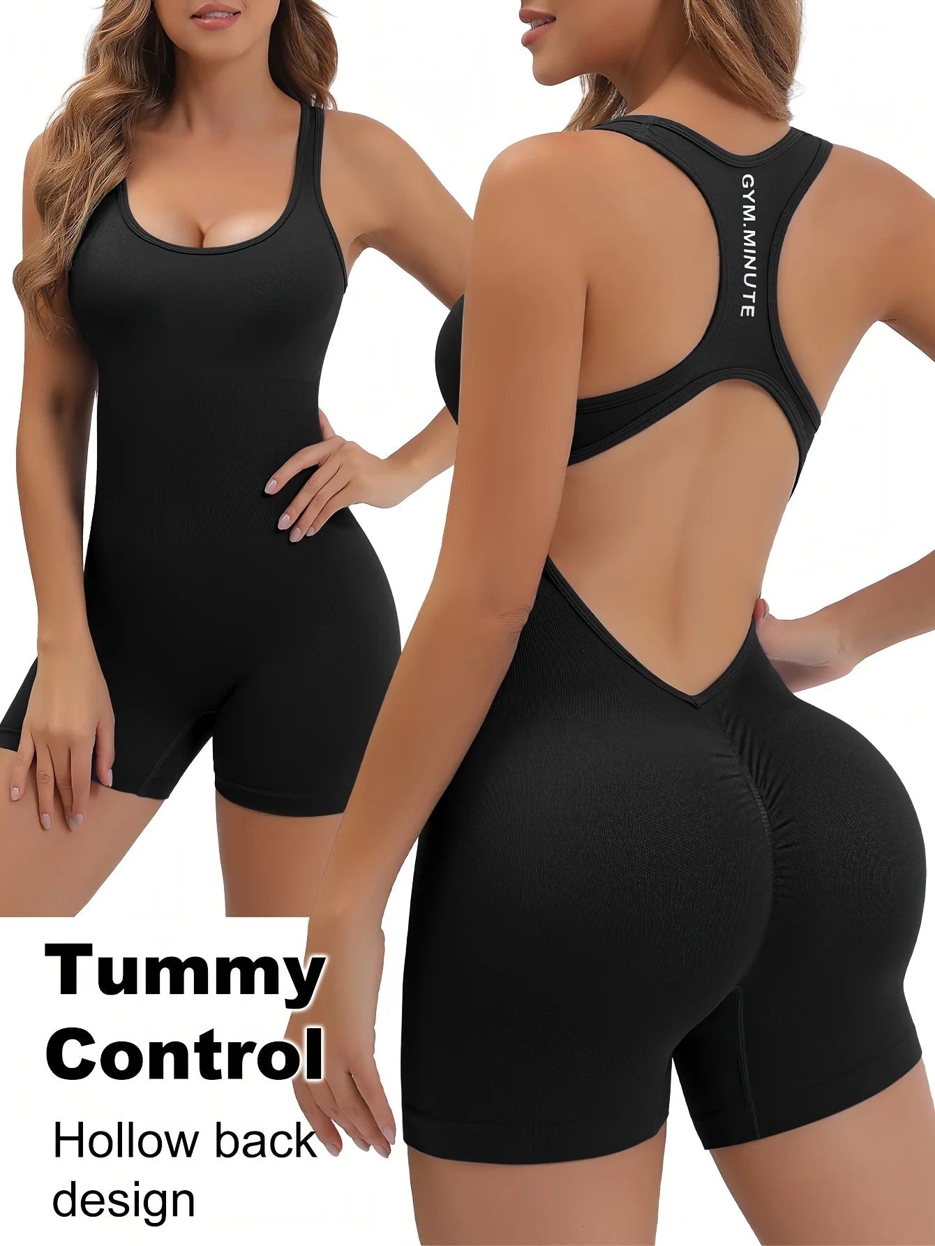 KiKis women's workout jumpsuit in black with tummy control and hollow back design