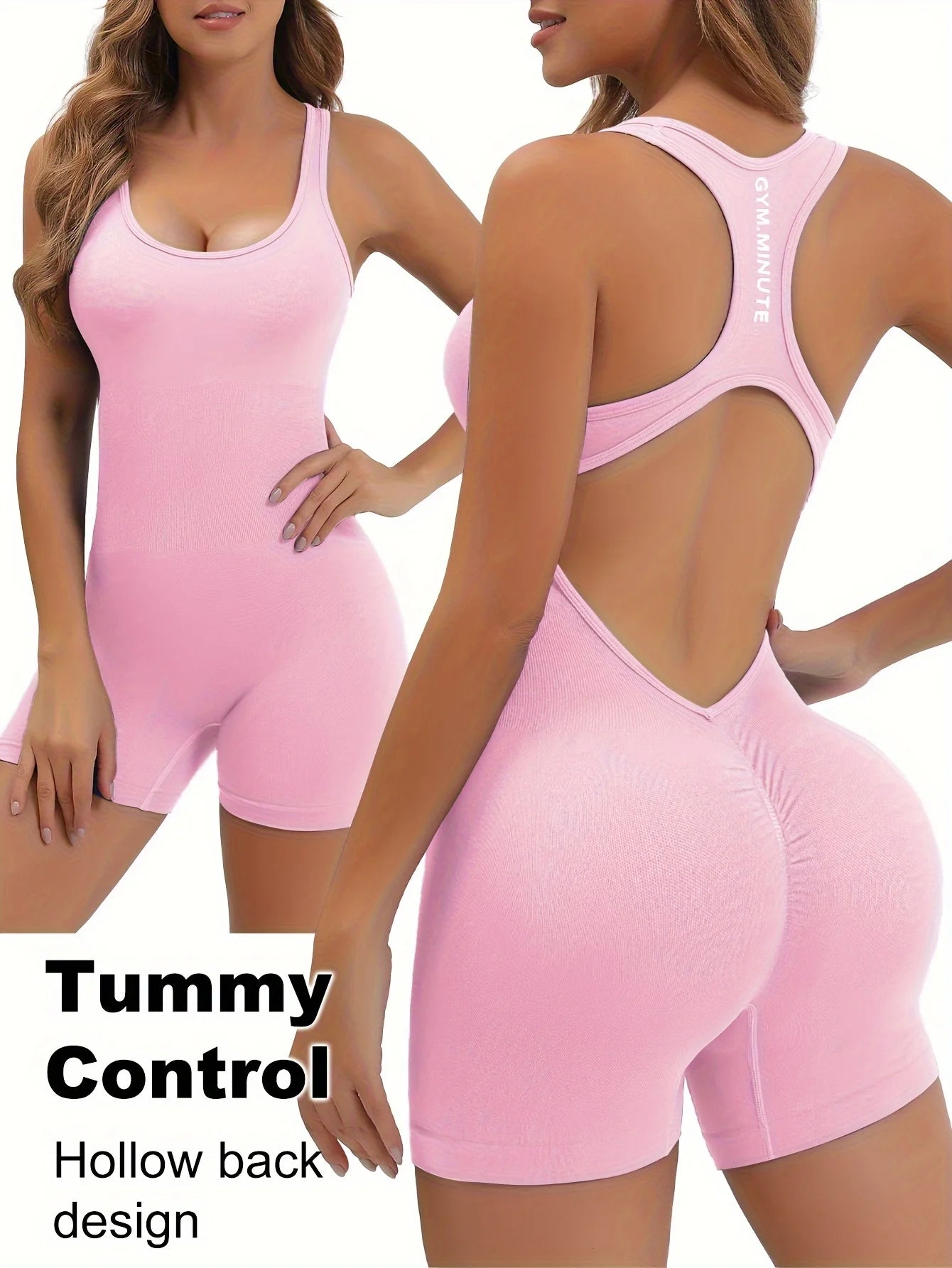 KiKis pink women's workout jumpsuit with tummy control and hollow back design