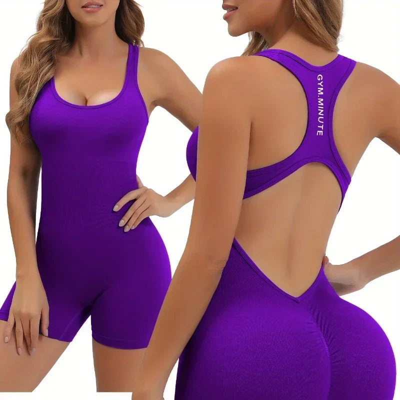 KiKis women's workout jumpsuit in purple with racerback design and fitted shorts for activewear