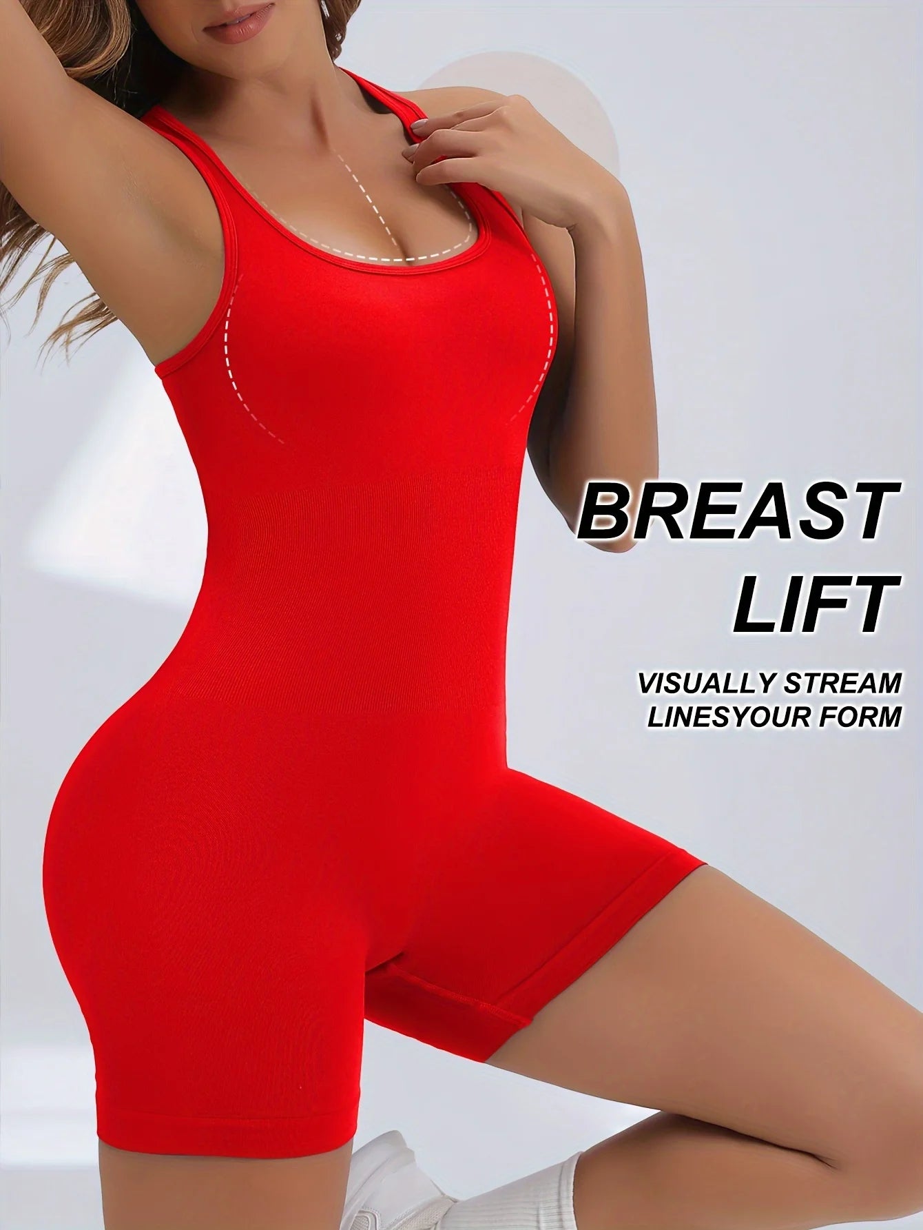 KiKis women's workout jumpsuit in red with breast lift design for shaping and comfort