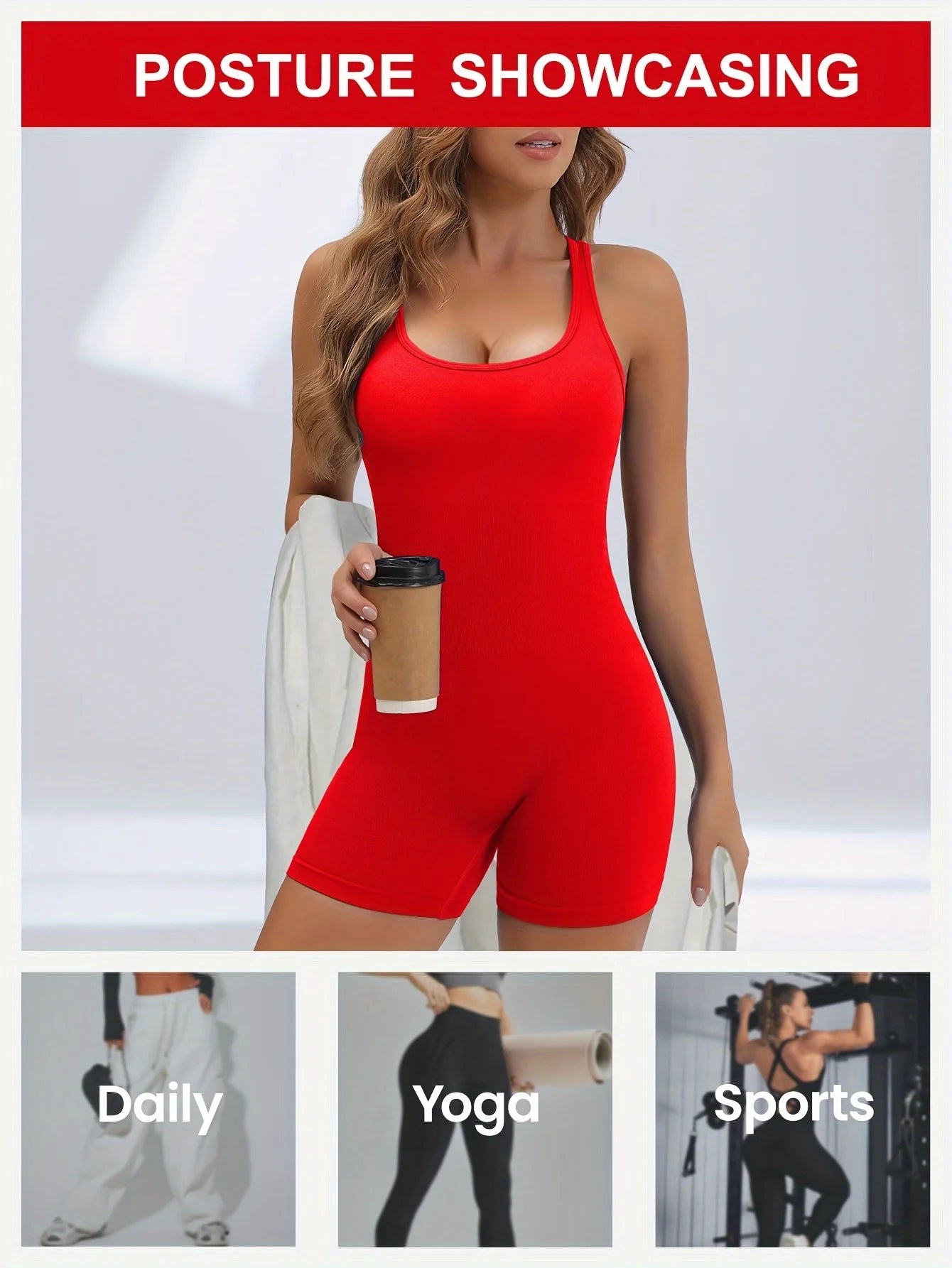 KiKis red women's workout jumpsuit with sleeveless design and fitted shorts for yoga and sports