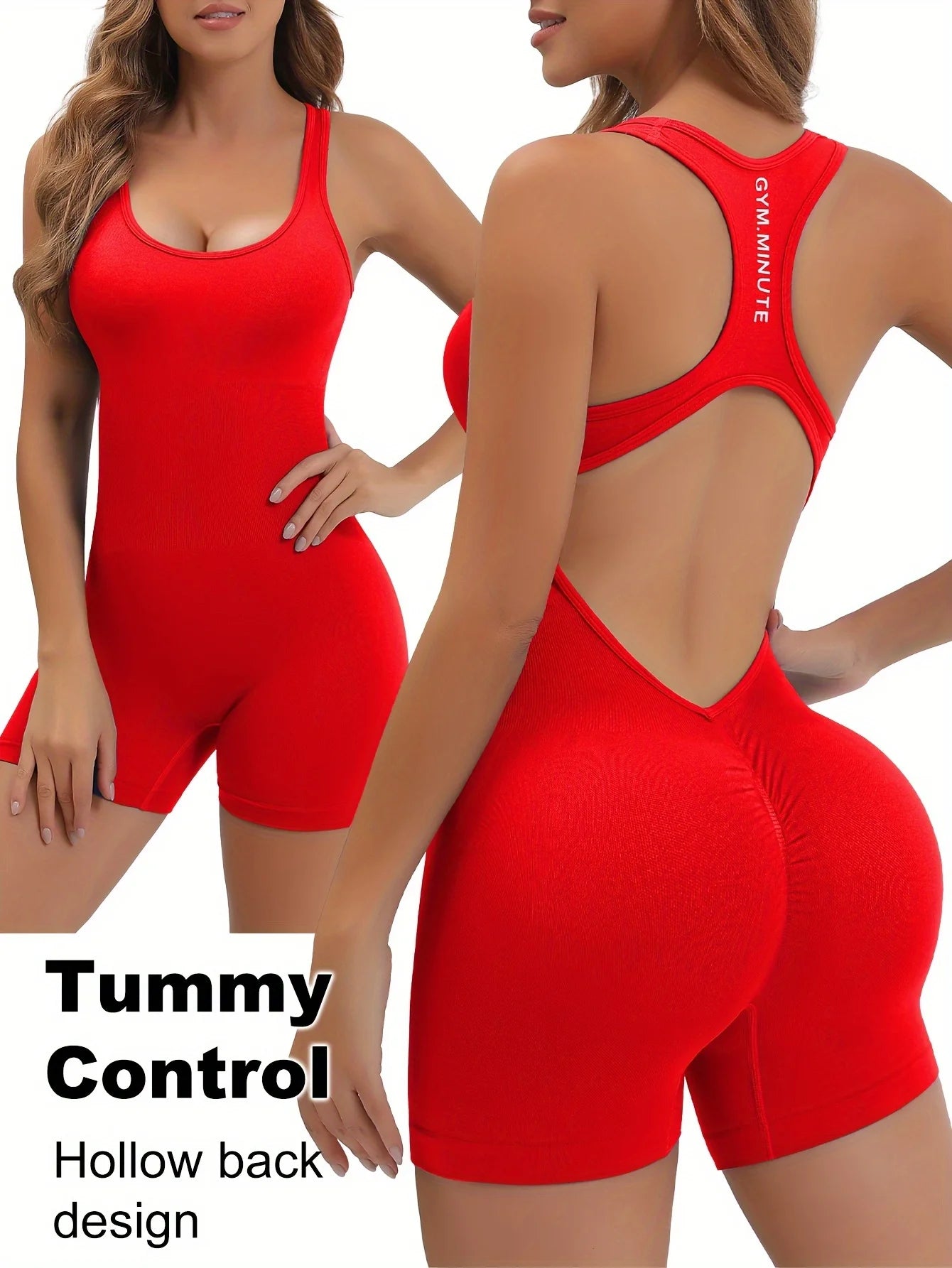 Red women's workout jumpsuit with tummy control and hollow back design by KiKis