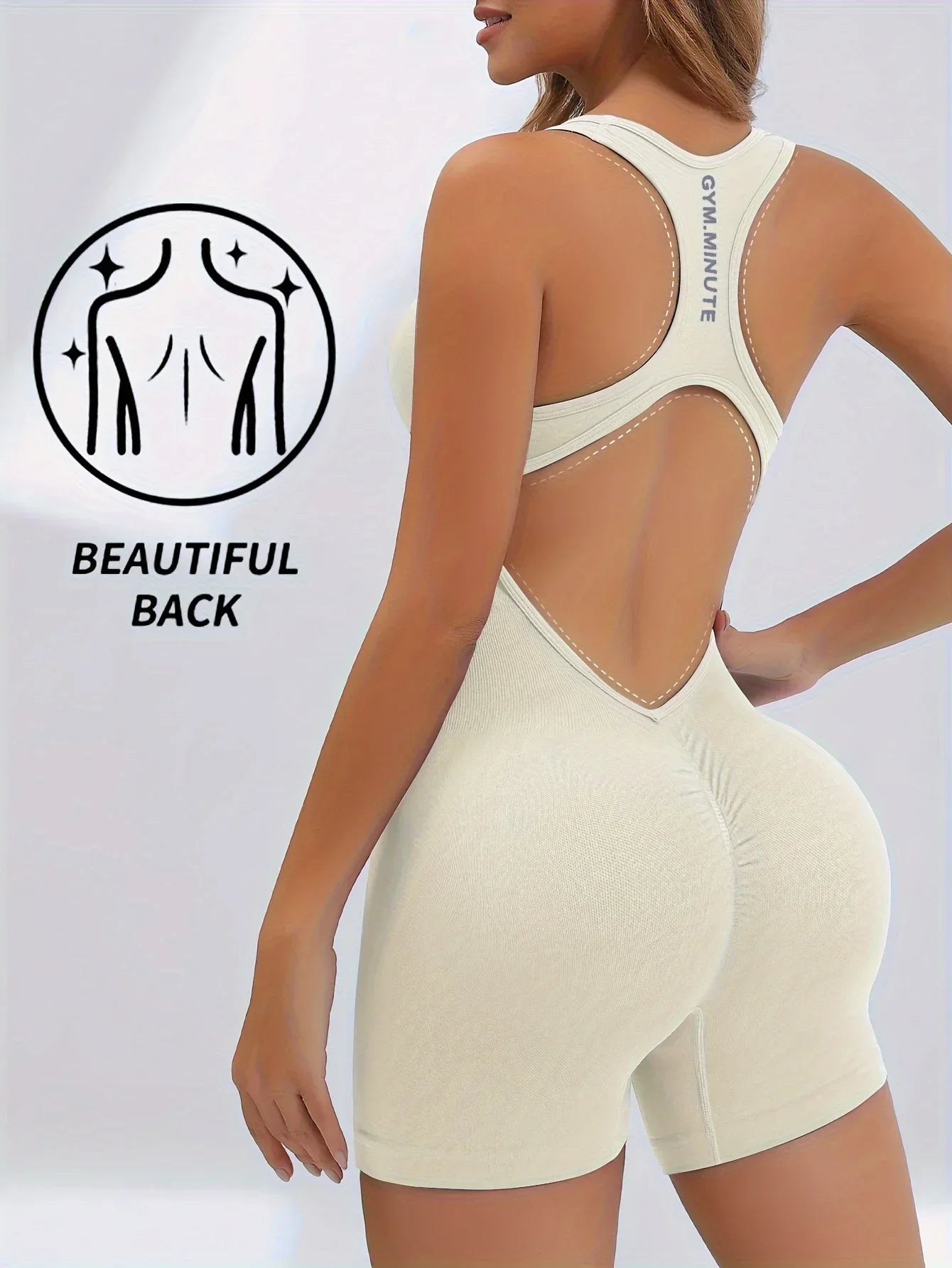 KiKis women's workout jumpsuit in white with open back design highlighting a beautiful back