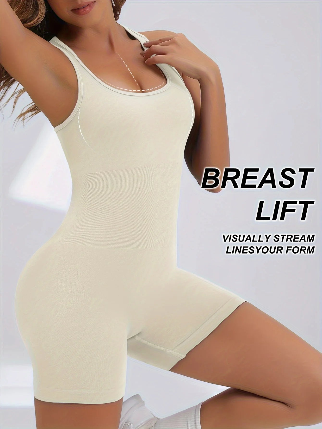 KiKis women's workout jumpsuit in beige with breast lift feature and form-enhancing fit