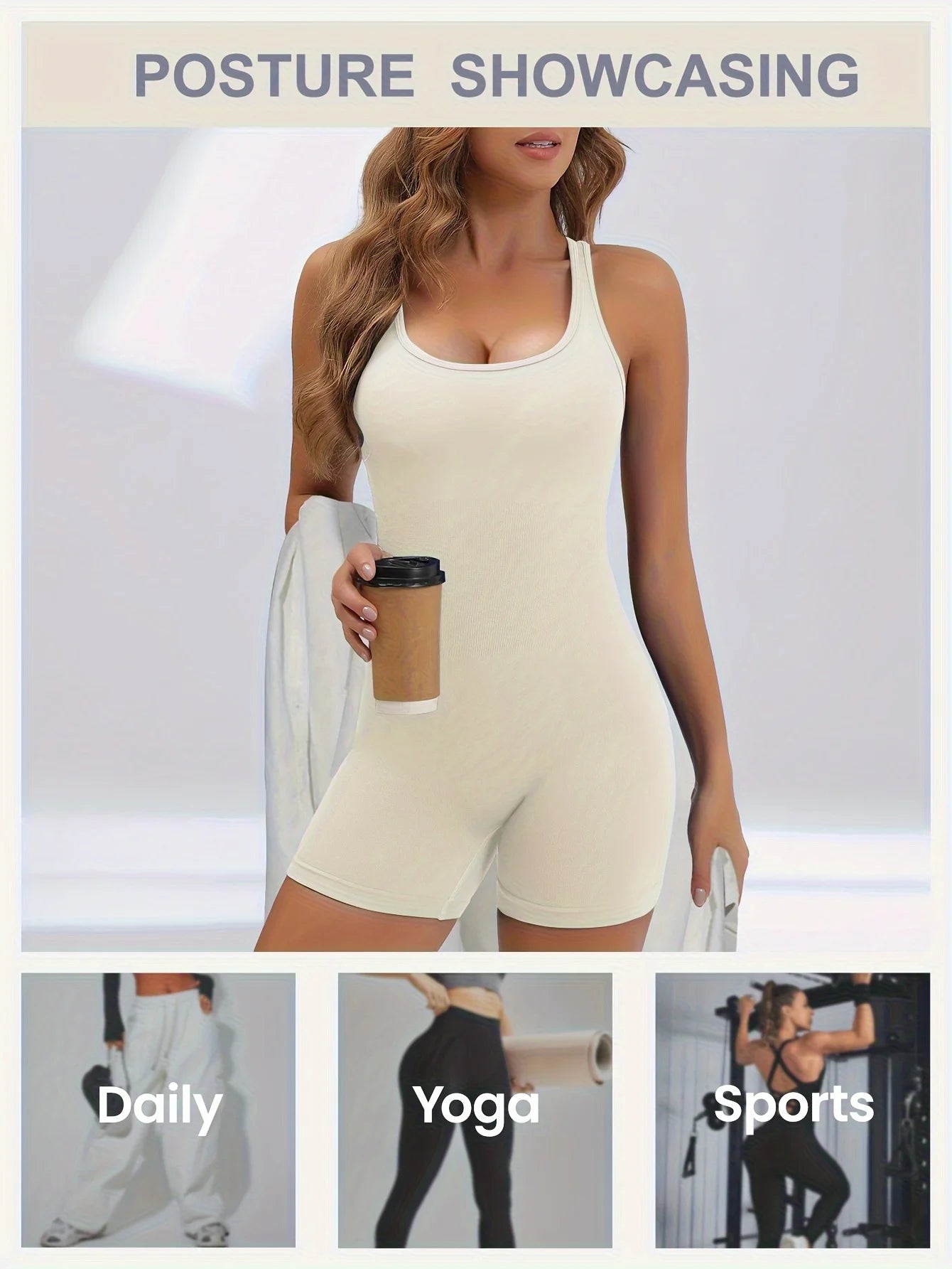 KiKis women's workout jumpsuit in beige with sleeveless design and racerback style
