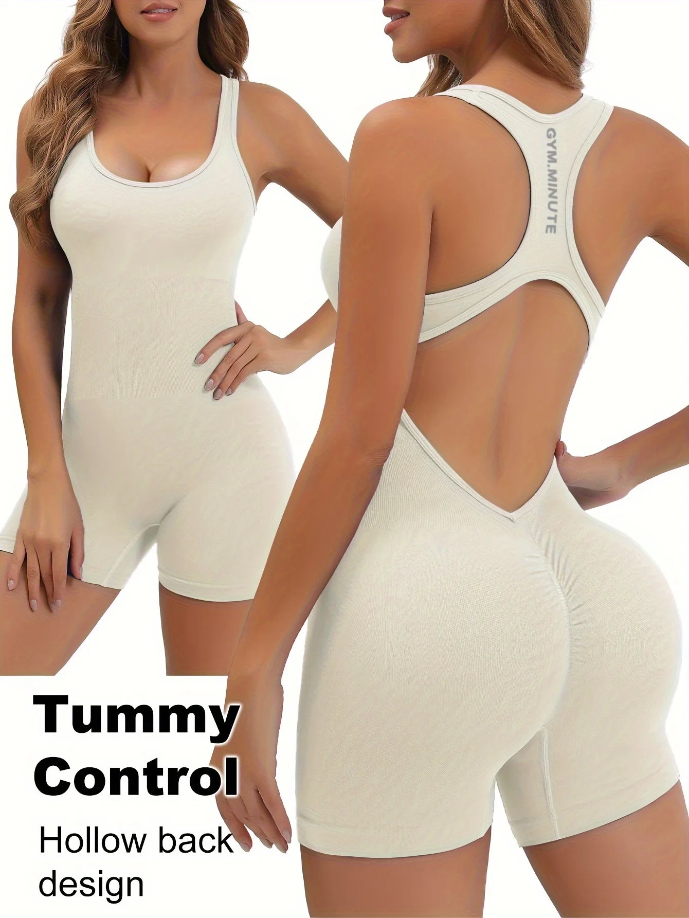 KiKis women's workout jumpsuit in light beige with tummy control and hollow back design