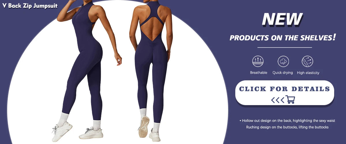 KiKis sleeveless workout romper in navy blue with V back zip and high elasticity fabric